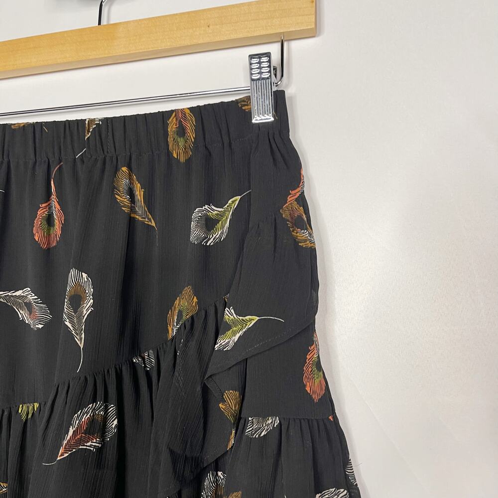 Madewell XXS Ruffle Edge Miniskirt In Peacock True Black Animal Print Pull On - Picture 3 of 11